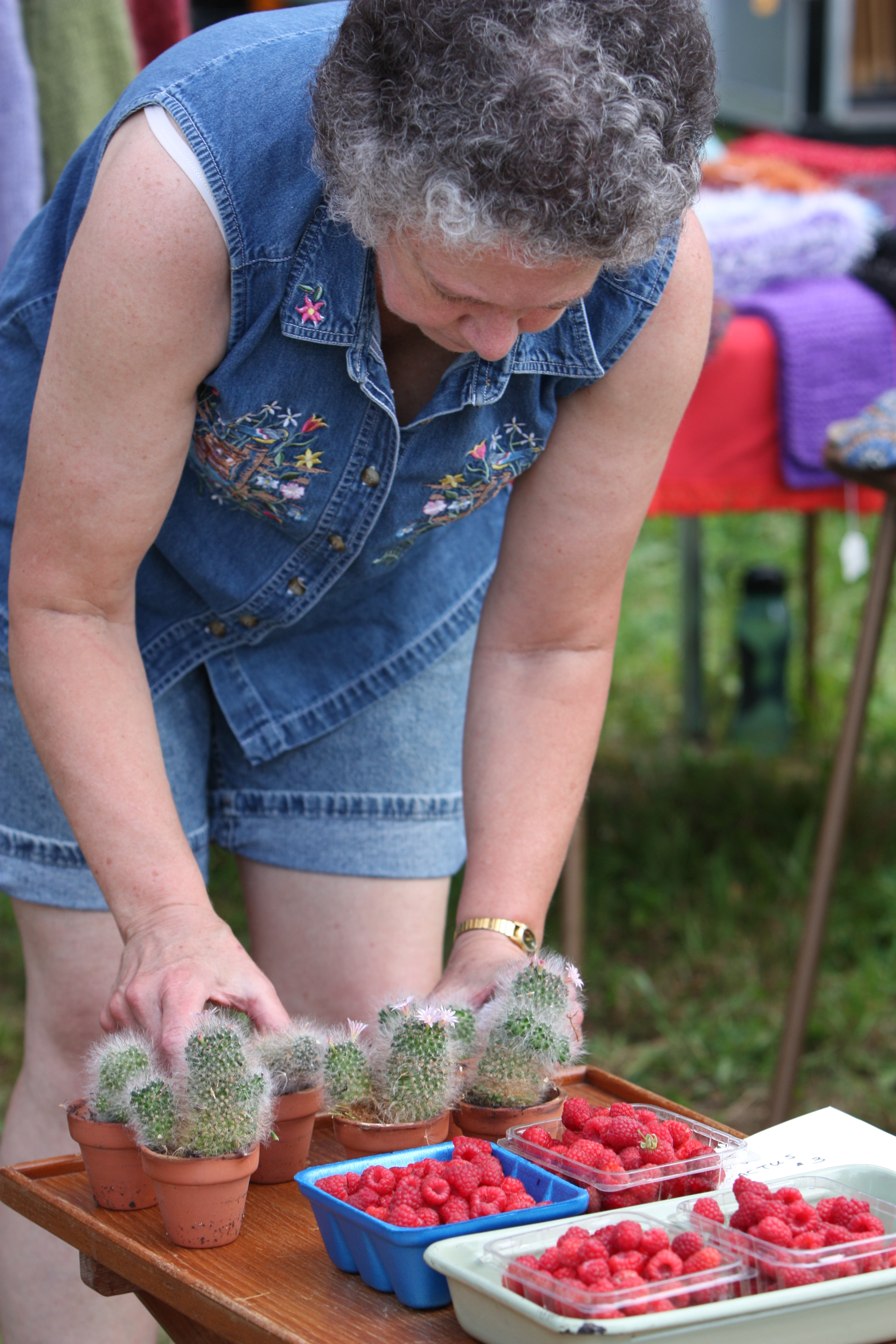 Woman setting up display