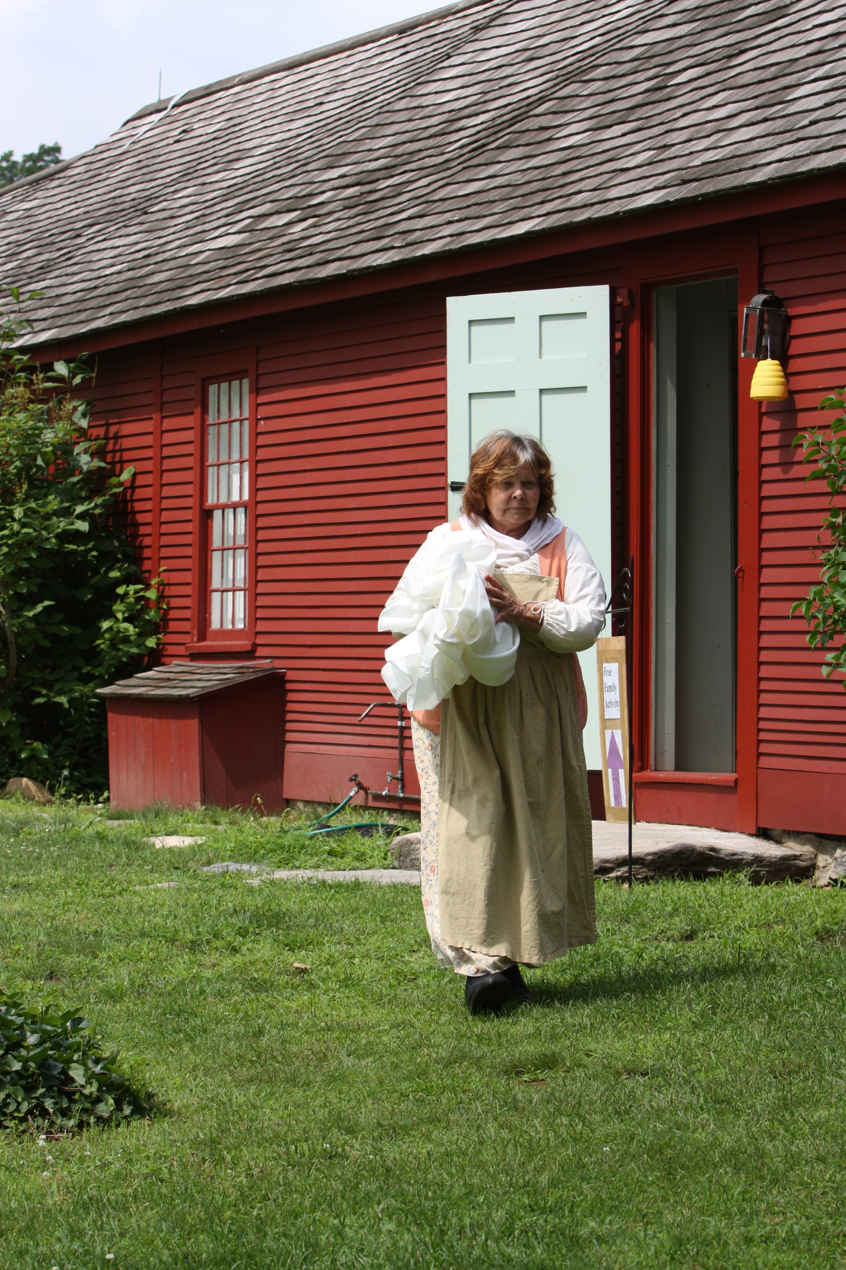 Woman walking out of building
